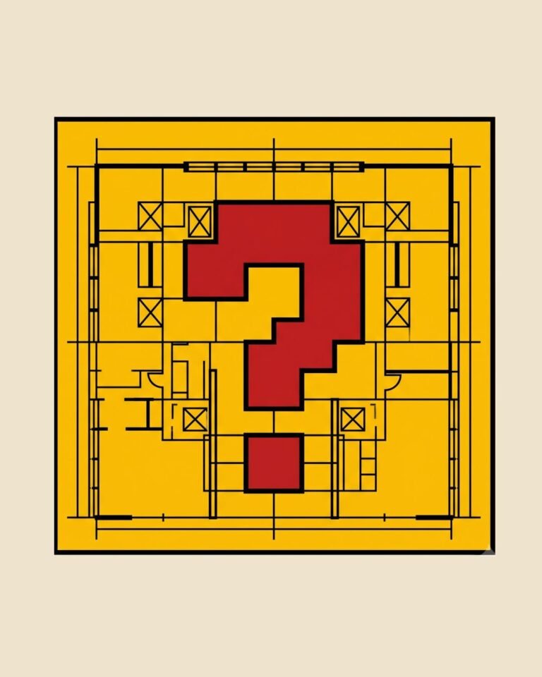 Plano de distribución de vivienda con un gran signo de interrogación rojo en medio.