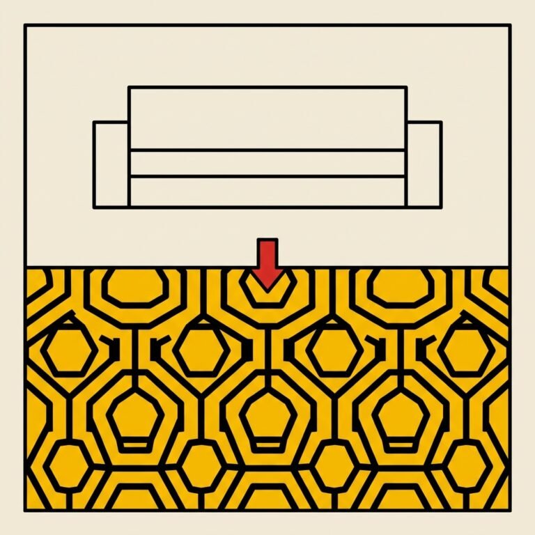 Suelo de azulejos hexagonales amarillos en contraste con un sofá negro lineal soso arriba