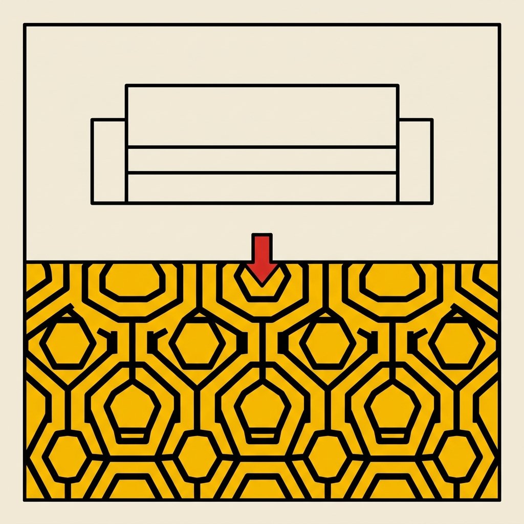 Suelo de azulejos hexagonales amarillos en contraste con un sofá negro lineal soso arriba