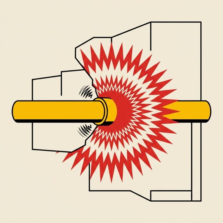Tubería amarilla en corte de pared emitiendo una onda expansiva de vibración roja