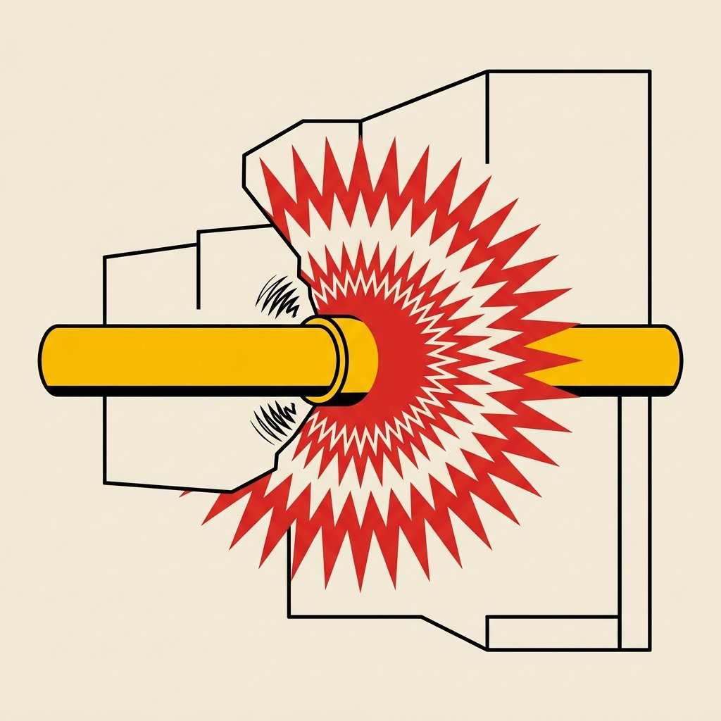 Tubería amarilla en corte de pared emitiendo una onda expansiva de vibración roja