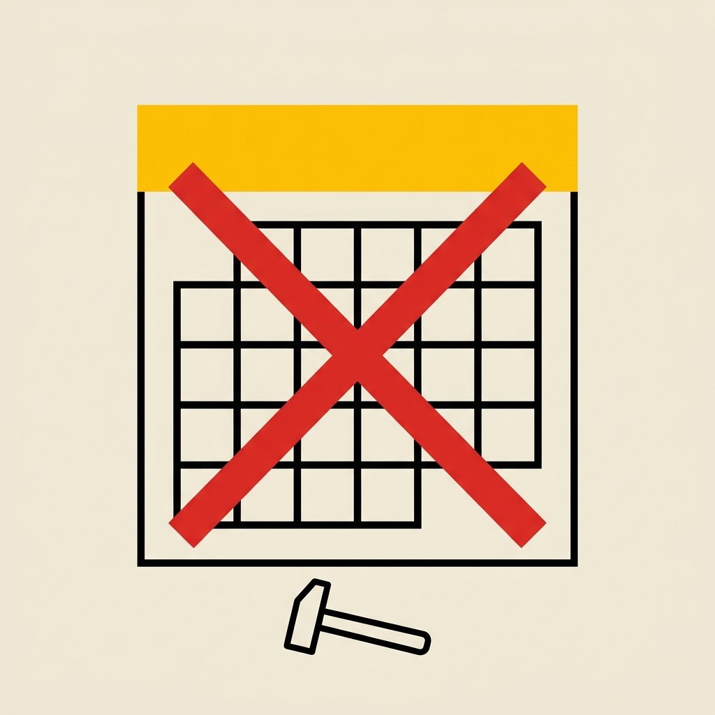 Calendario de mes tachado en su totalidad con una cruz roja y herramientas caídas