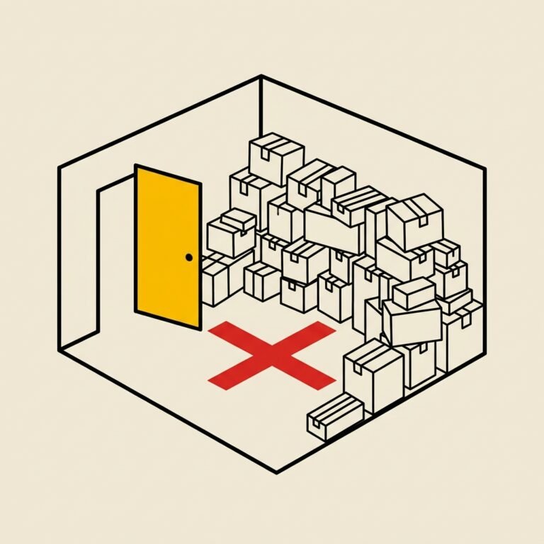 Habitación en perspectiva llena de cajas y un aspa roja en el suelo