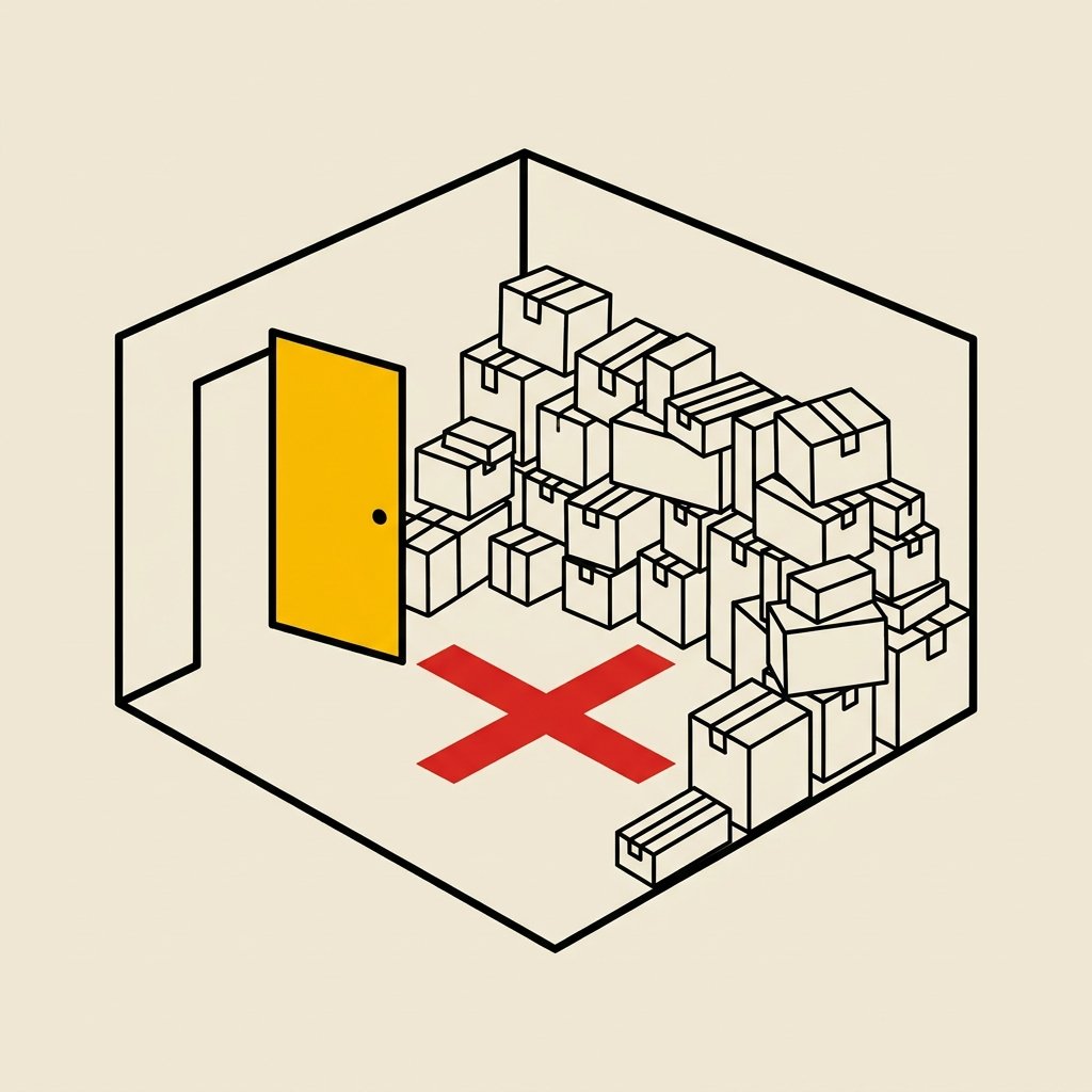 Habitación en perspectiva llena de cajas y un aspa roja en el suelo