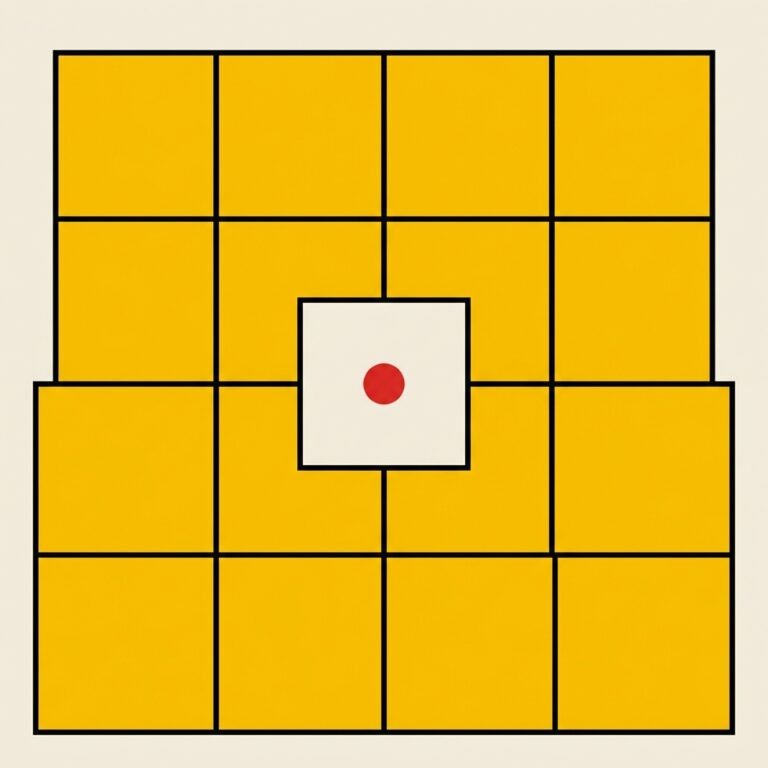 Cuadrícula de azulejos amarillos donde uno es de tono crema desparejado con un círculo rojo