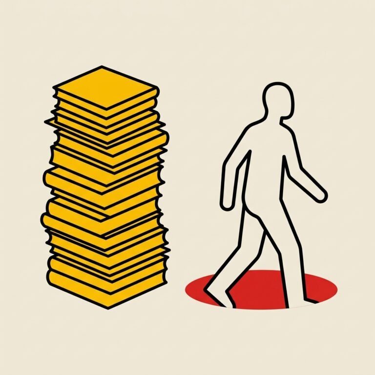 Pila de libros leídos y una silueta cayendo en un foso rojo indicando error consciente