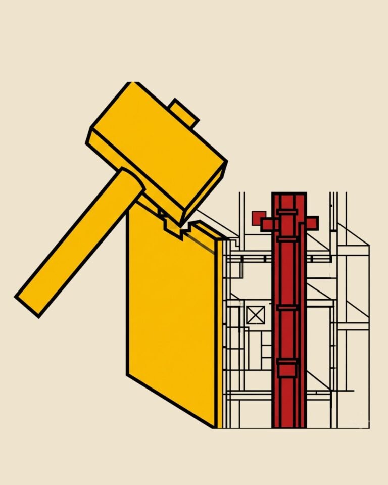 Martillo golpeando una pared amarilla para descubrir una tubería metálica.