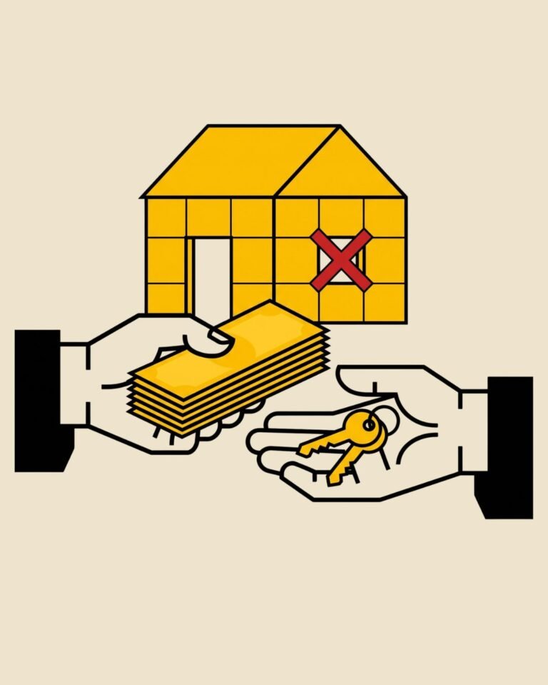 Intercambio de dinero por llaves delante de una casa con ventanas señaladas con una equis.