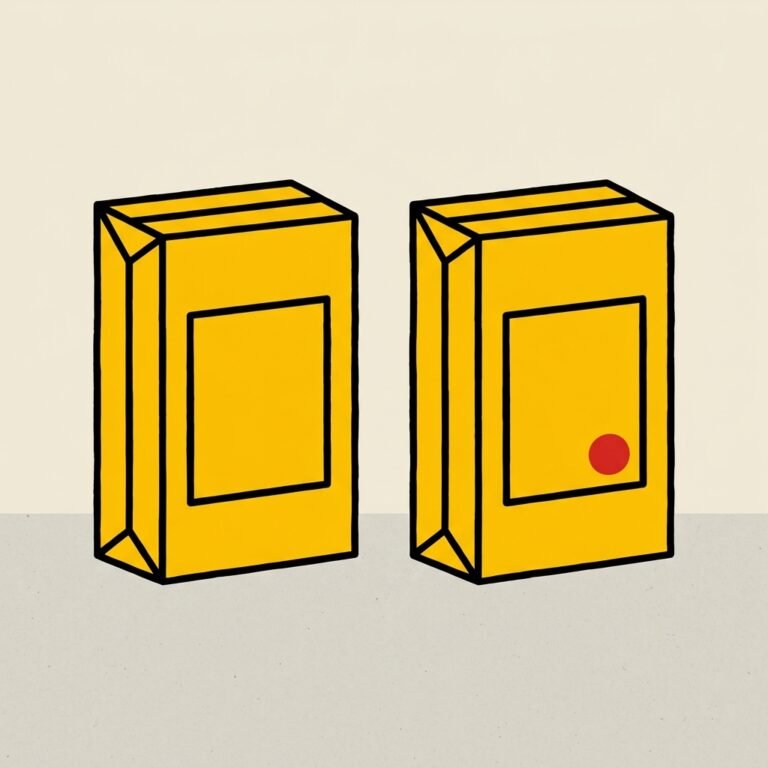 Dos cajas de embalaje amarillas idénticas sin marca, una de ellas señalada con un punto rojo