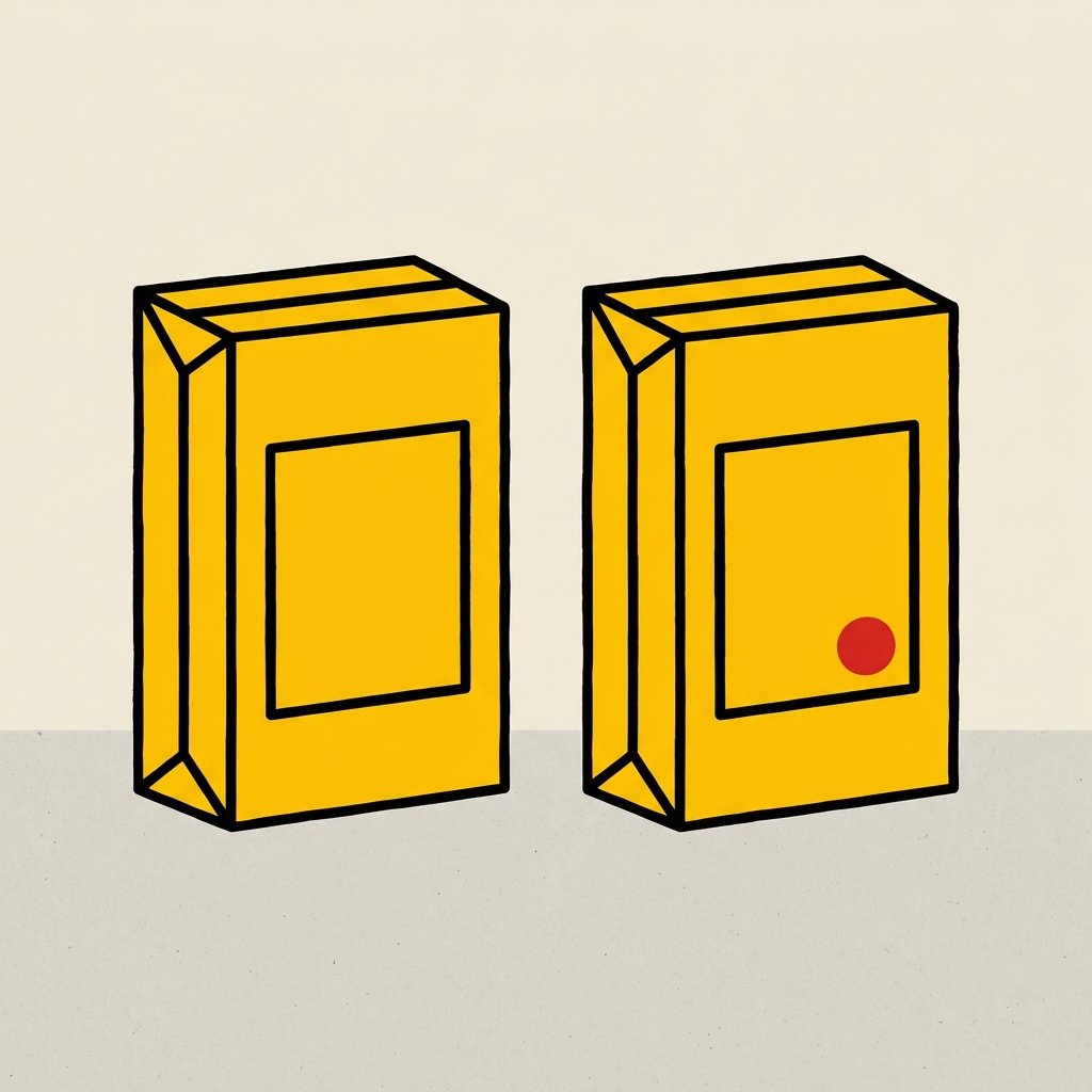 Dos cajas de embalaje amarillas idénticas sin marca, una de ellas señalada con un punto rojo