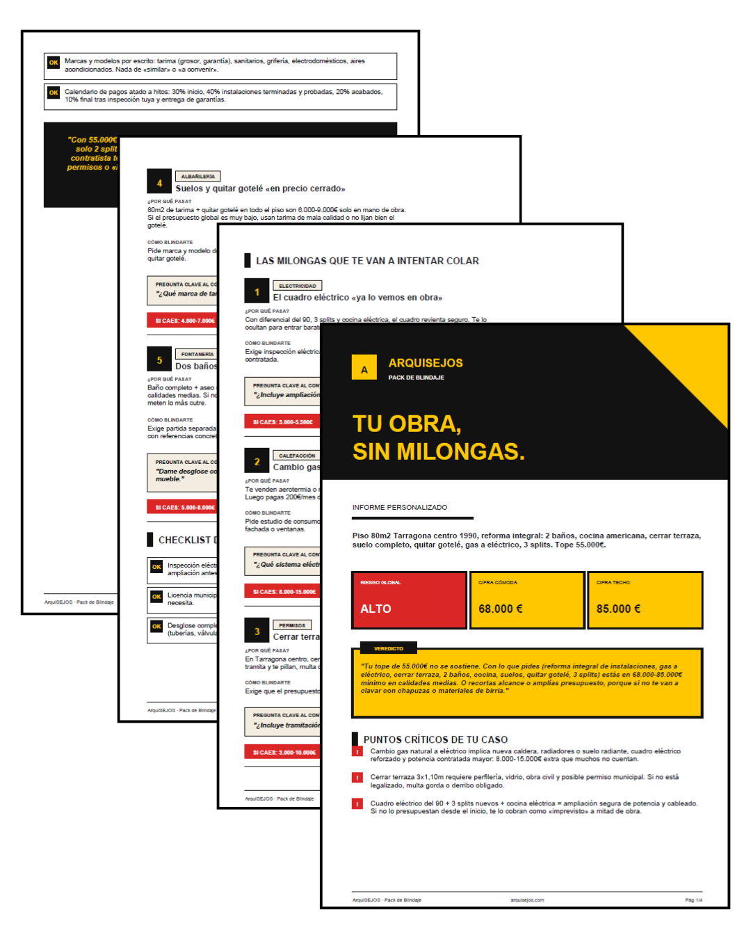 Las cuatro páginas del informe personalizado: riesgo global, cifra cómoda, cifra techo, milongas detectadas y checklist de blindaje.