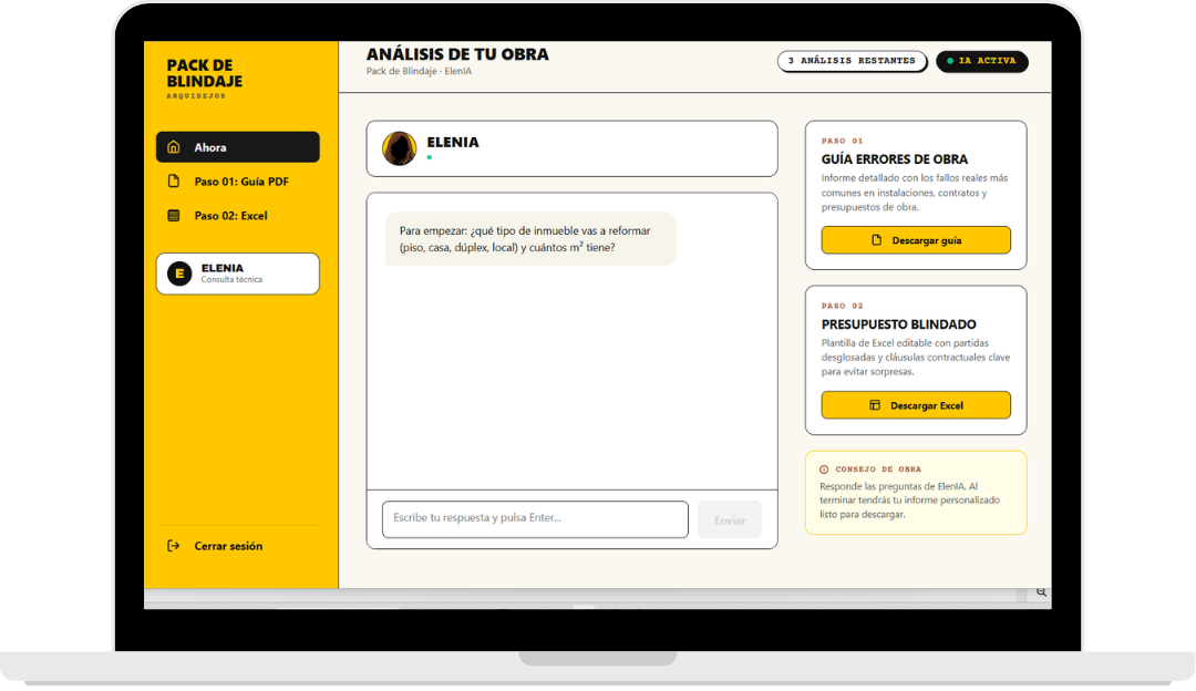 Zona privada del Pack de Blindaje con la guía en PDF, el Excel Presupuesto Blindado y el chat de Elenia.