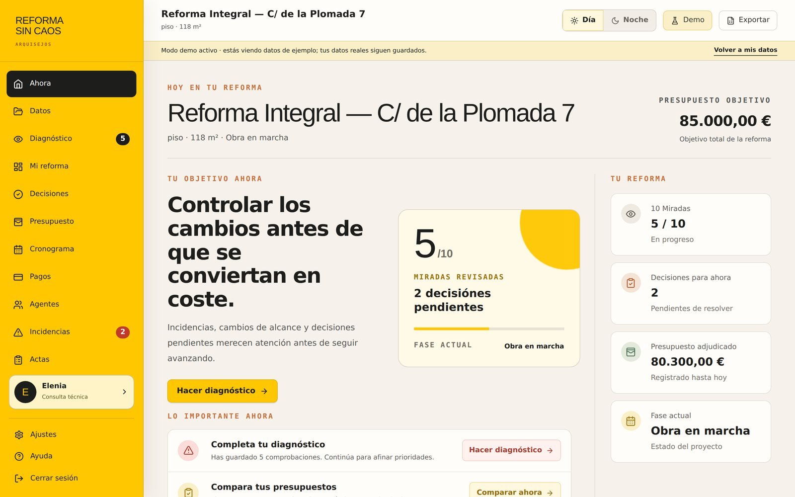 Panel principal de Reforma Sin Caos con el estado de una reforma