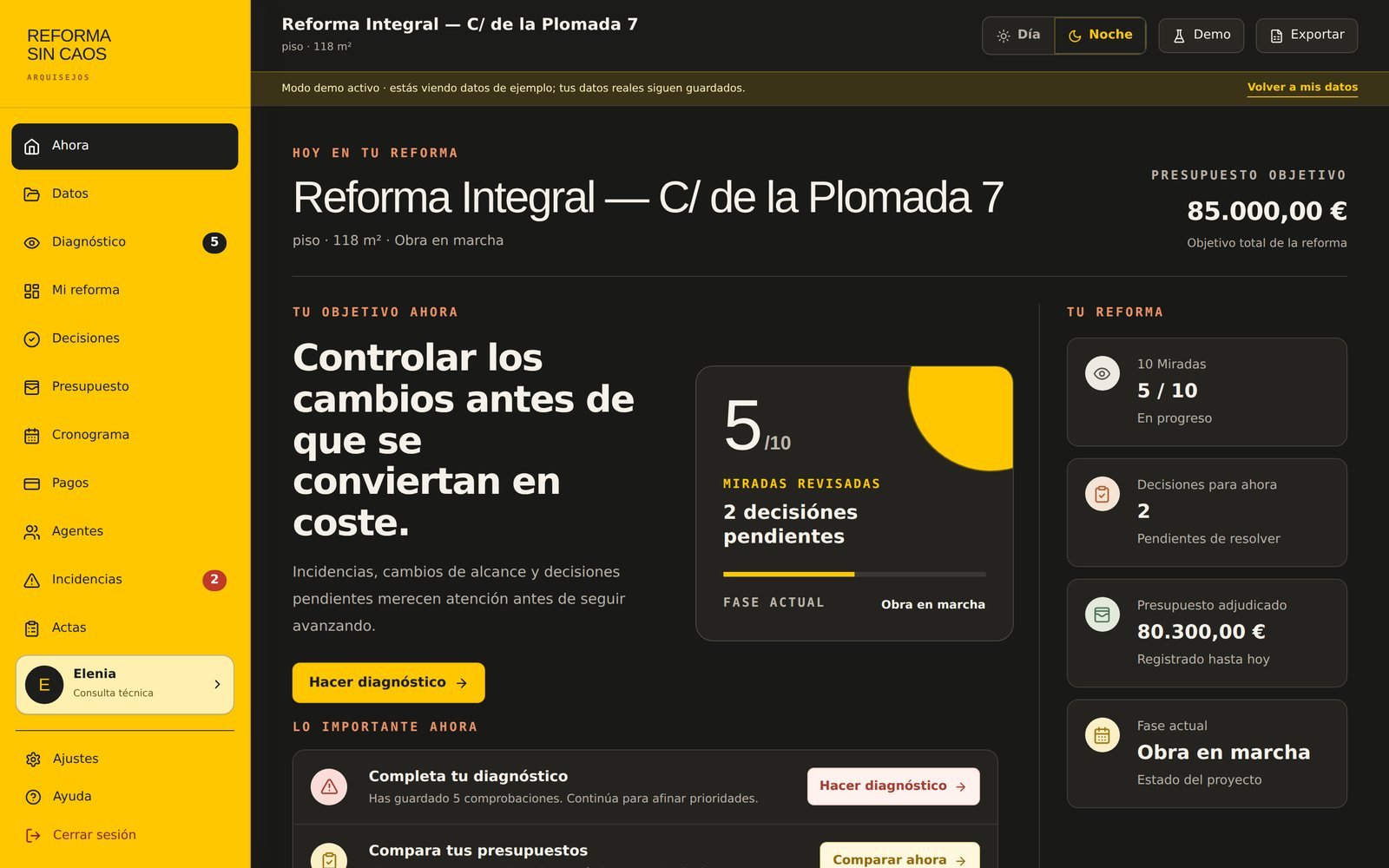 Panel de Reforma Sin Caos en Modo Noche