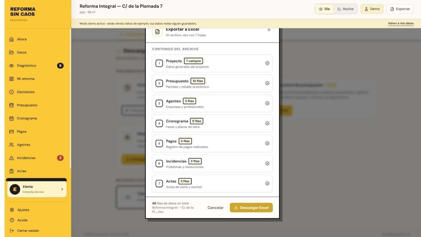 Modal de exportación de datos a Excel con siete hojas